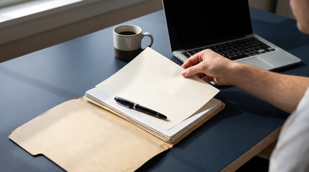 Geordnete Antragsunterlagen mit Stift auf einem aufgeräumten Schreibtisch.